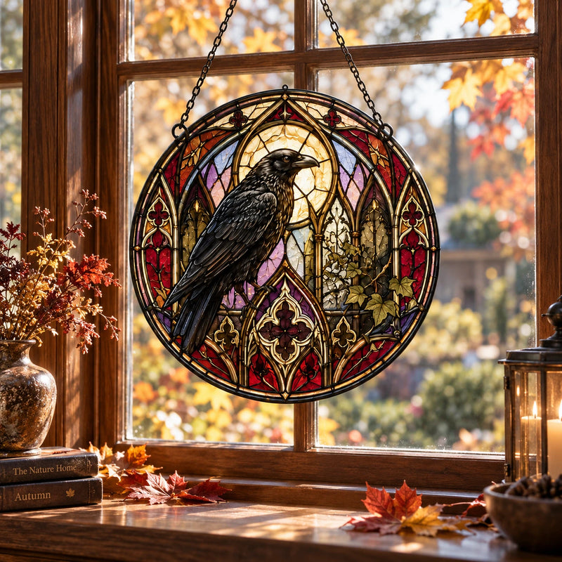 The Raven Sits Still - Gothic Stained-Glass Round Window Hanging